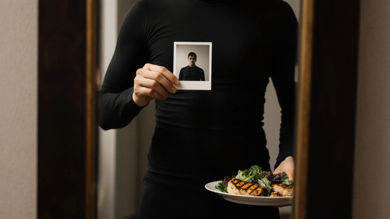 Person holding progress photo and healthy meal in front of mirror.