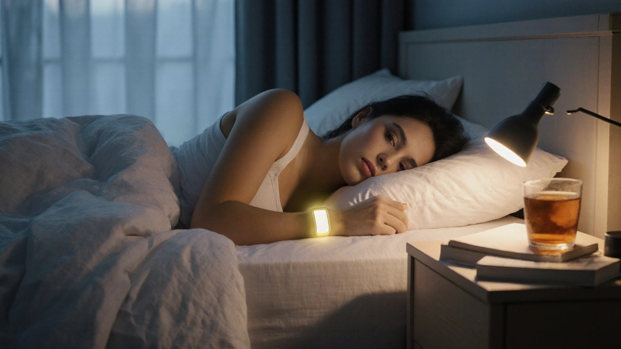 Person sleeping peacefully with fitness tracker and tea on nightstand.