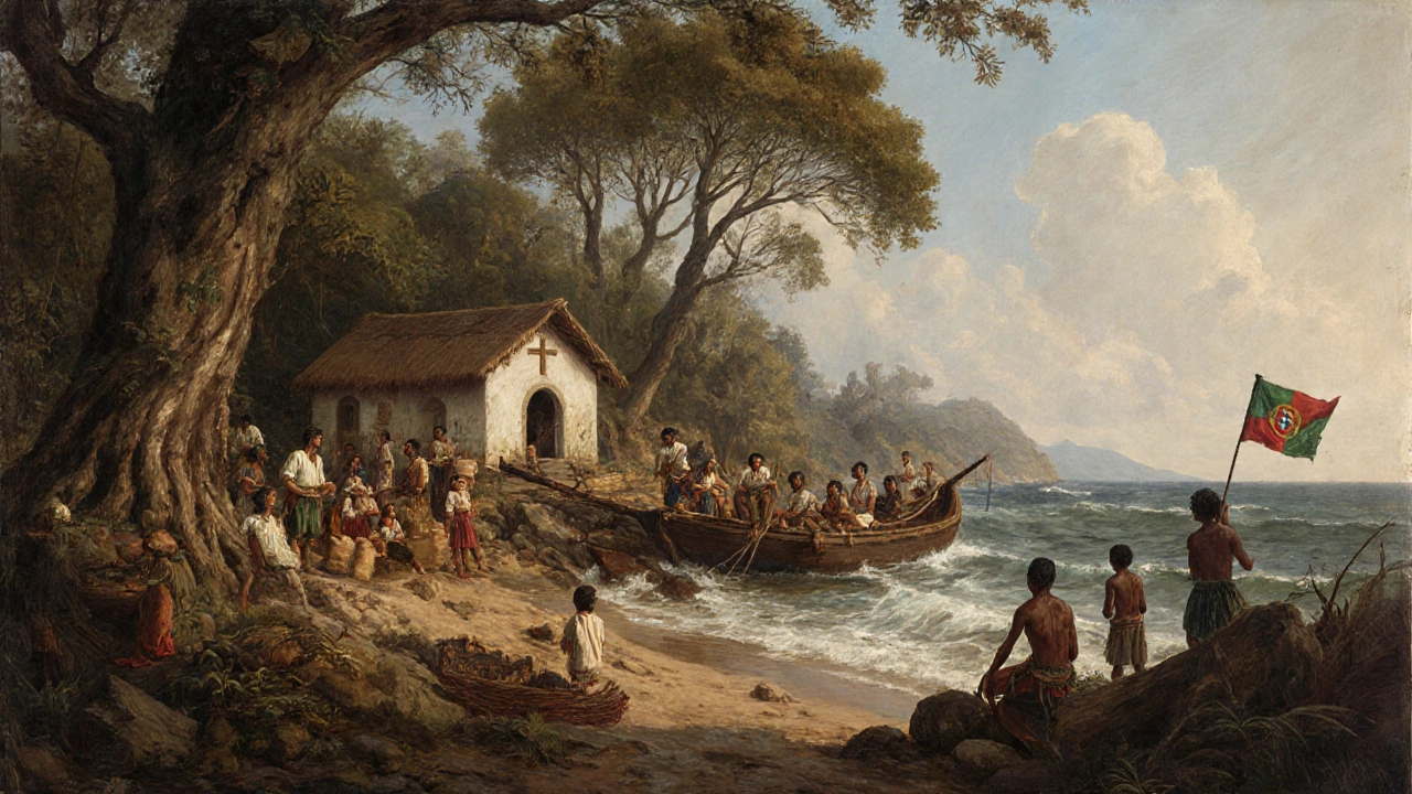 Portuguese explorers and indigenous people on Brazil&#039;s 16th-century coast, with missionaries and brazilwood trees.