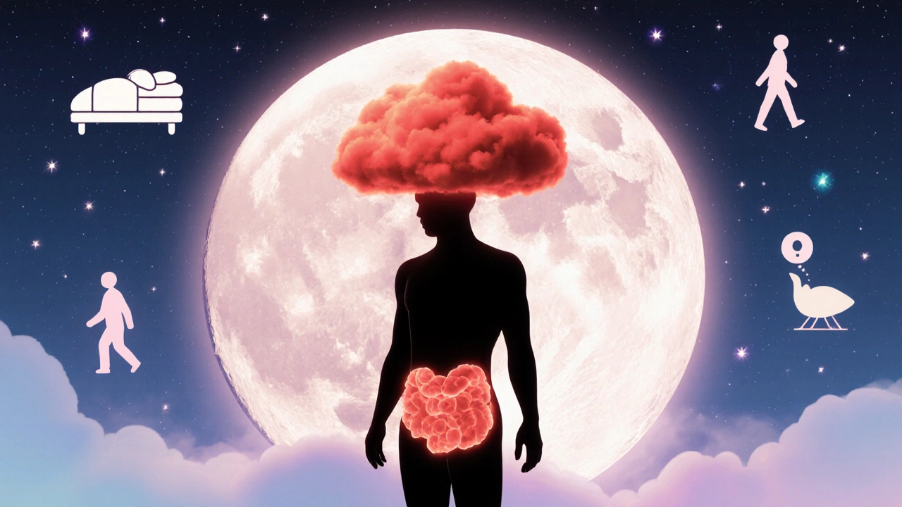 Silhouette with stress cloud above, transforming into a flat abdomen as calm symbols appear.