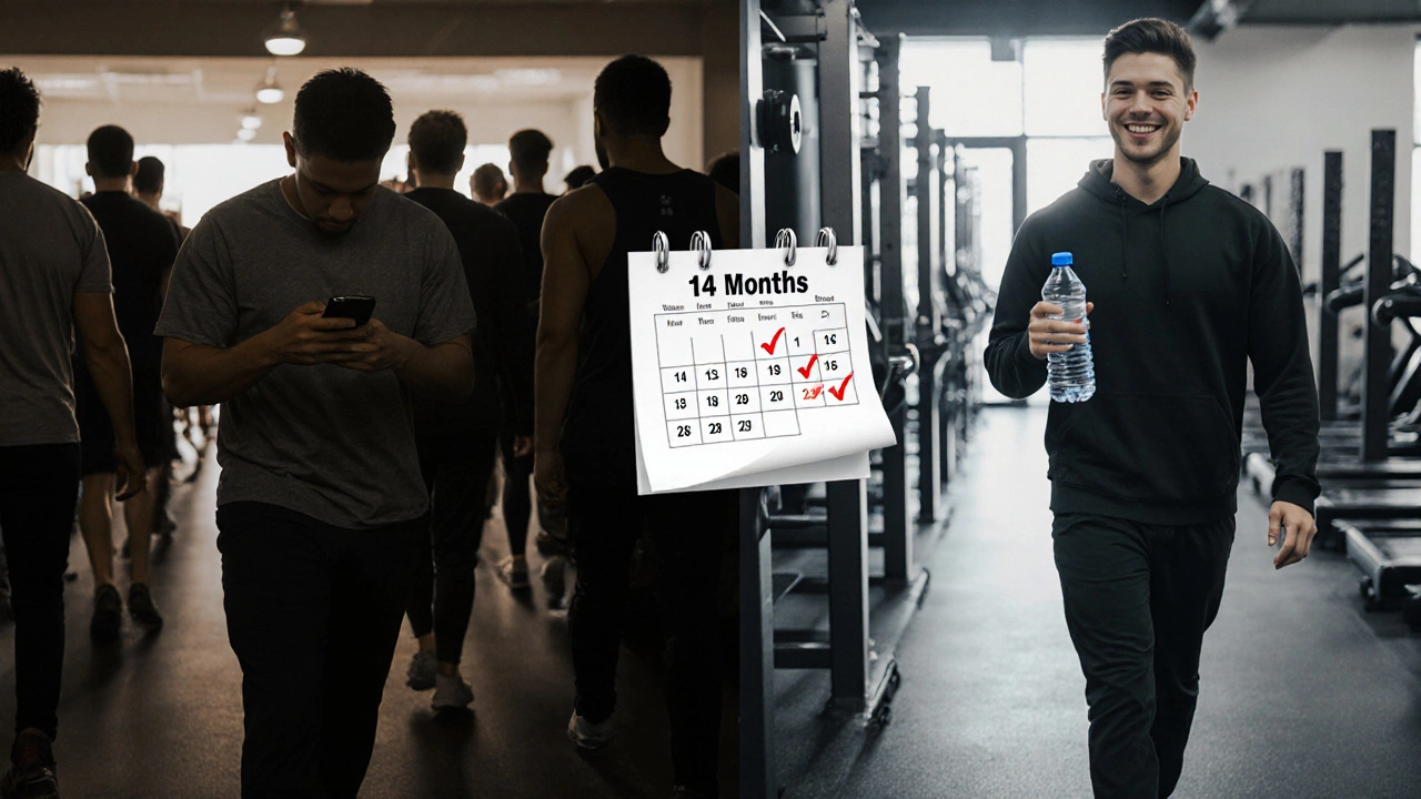 Two paths showing burnout vs. sustainable fitness: one exhausted, one calm and consistent with calendar of progress.