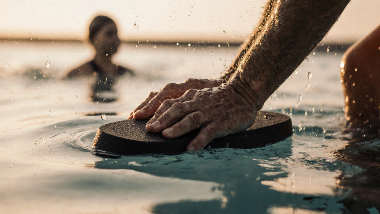 Weathered hands holding a kickboard underwater, showing quiet determination in swimming lessons.