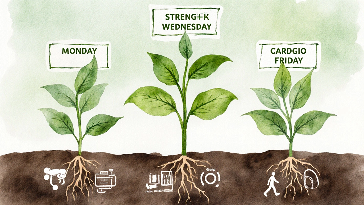 Weekly workout schedule illustrated as a growing plant with labeled days and recovery elements in watercolor style.