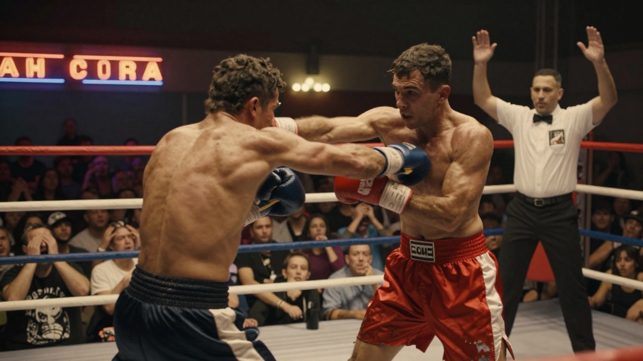 A boxer spinning wildly in the ring as his opponent lands a punch, crowd watching in silence.