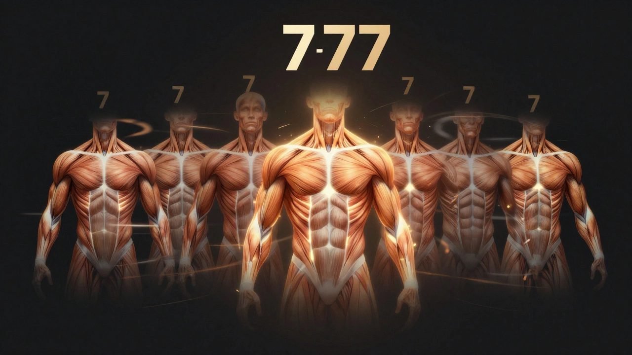 Anatomical illustration of a torso with seven glowing exercise pathways representing the 777 rule.