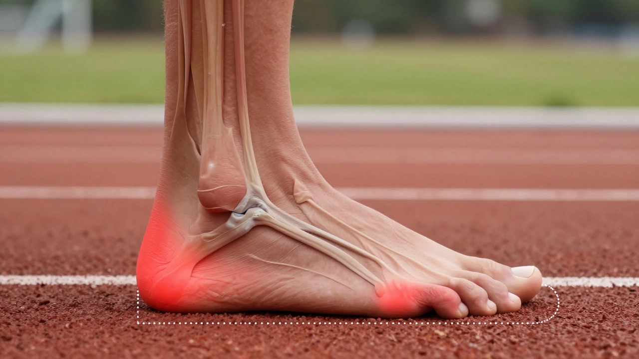 Anatomical illustration of foot inside running shoe showing pressure points and improper fit.