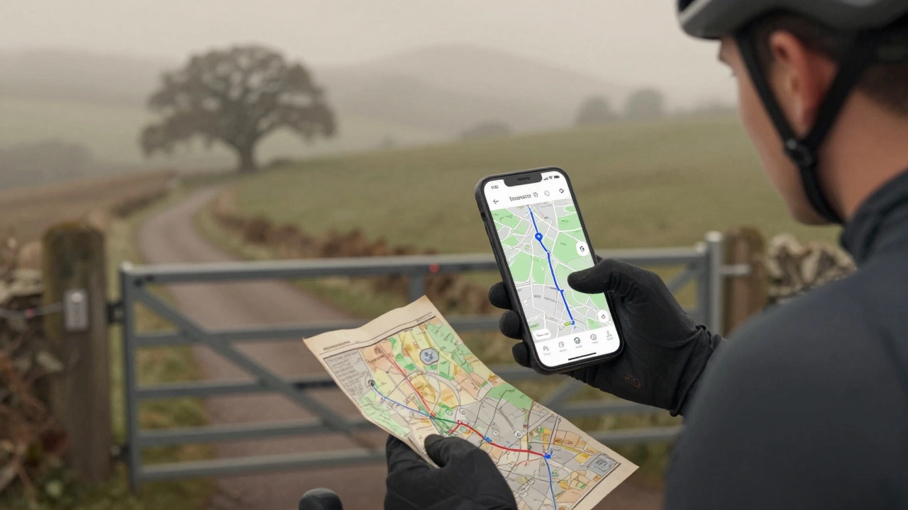 Cyclist at locked gate, holding phone with dead route and open paper map, misty hills around.