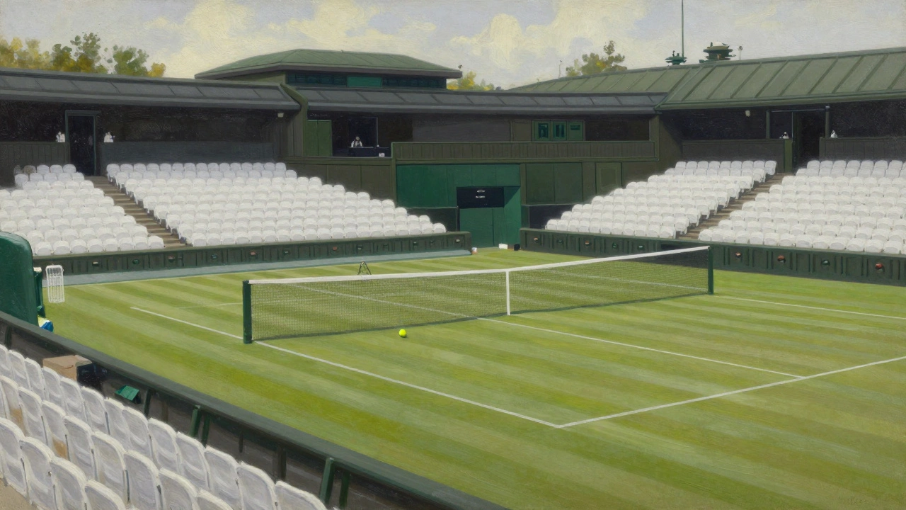 Empty Centre Court at Wimbledon with pristine grass and white seating, bathed in soft afternoon light, evoking quiet tradition.