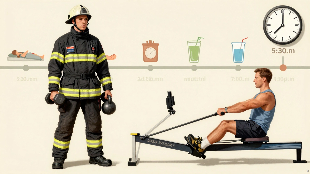 Firefighter training with strength equipment in morning and rowing in evening.
