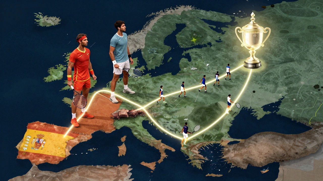 Graphic map of Europe showing Spain's tennis pipeline producing champions, with rackets connecting clay courts to iconic players.