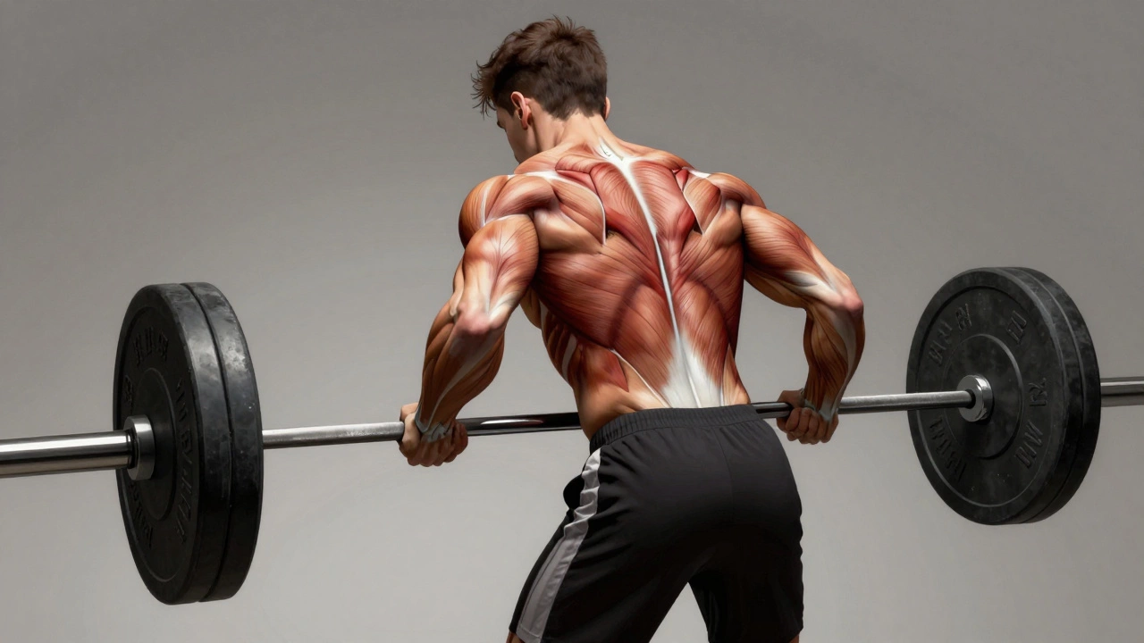 Individual doing a barbell row with correct posture, back muscles activated and defined.