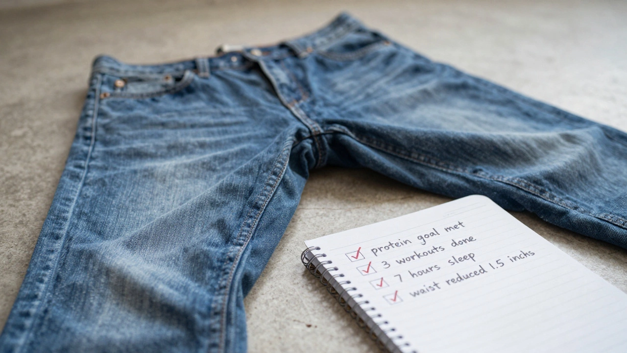 Loose jeans next to a notebook showing tracked health habits and measurements.