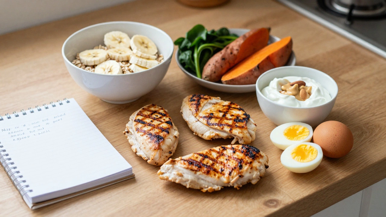 Meal prep layout with grilled chicken, oats, sweet potatoes, eggs, and yogurt on wooden counter, natural lighting.