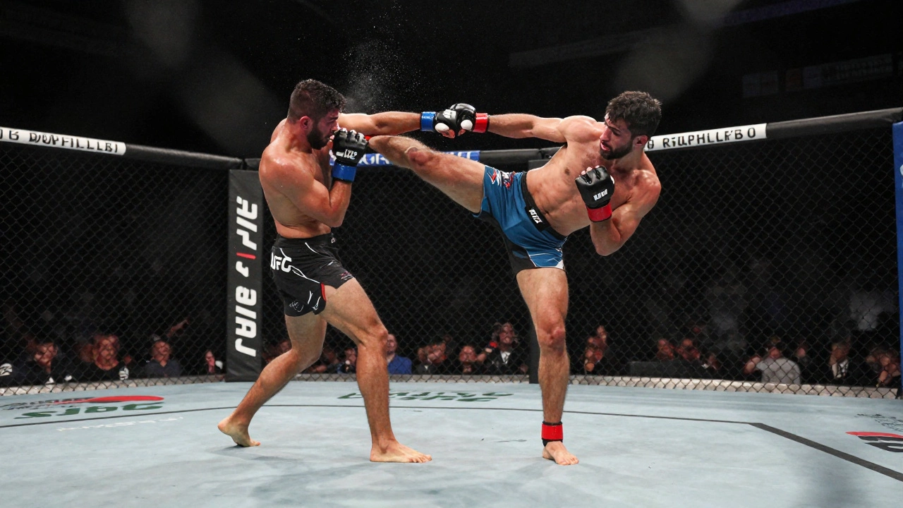 MMA fighter mid-kick in an octagon while opponent attempts a takedown.