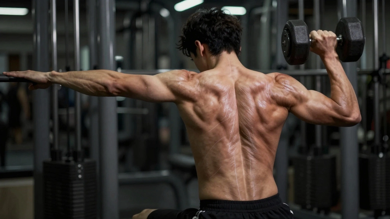 Person doing rear delt flyes, squeezing shoulder blades together to target posterior deltoids.