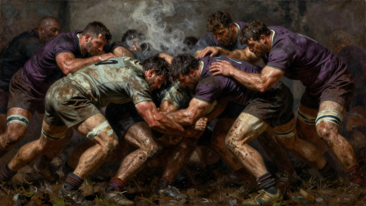 Rugby union front row locked in a powerful, strained scrum