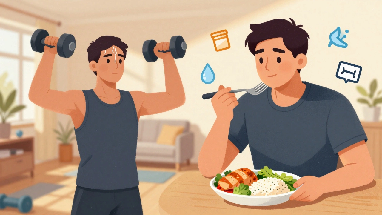Split image of someone working out and eating healthy, with icons representing key habits.