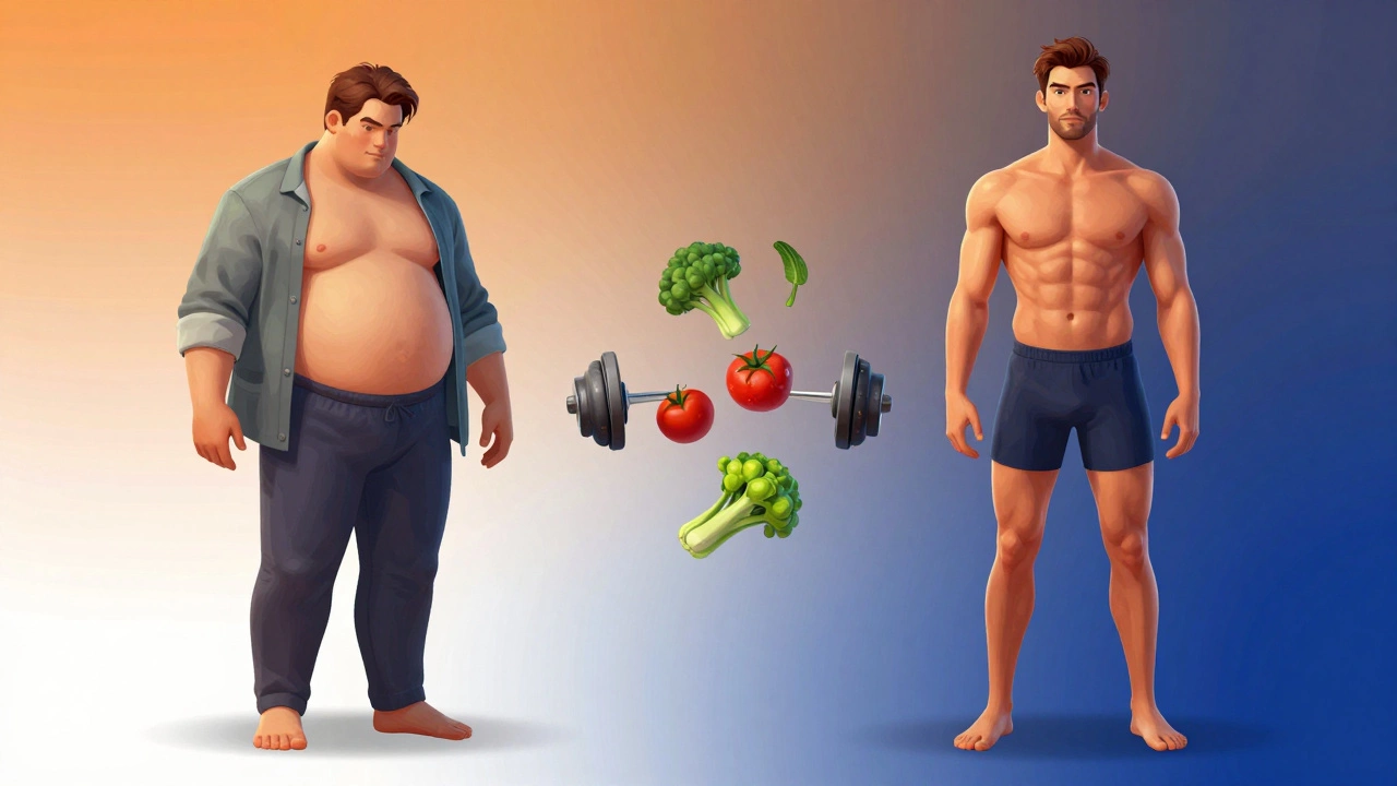 Split image showing transformation from overweight to lean and muscular, symbolic weights and food between states.