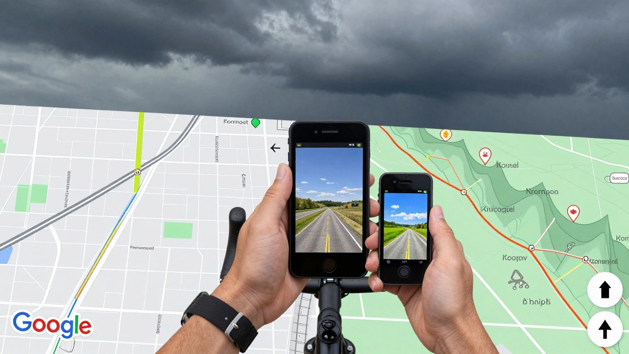 Split-screen comparison: Google Maps vs Komoot navigation for cycling, cyclist between both.