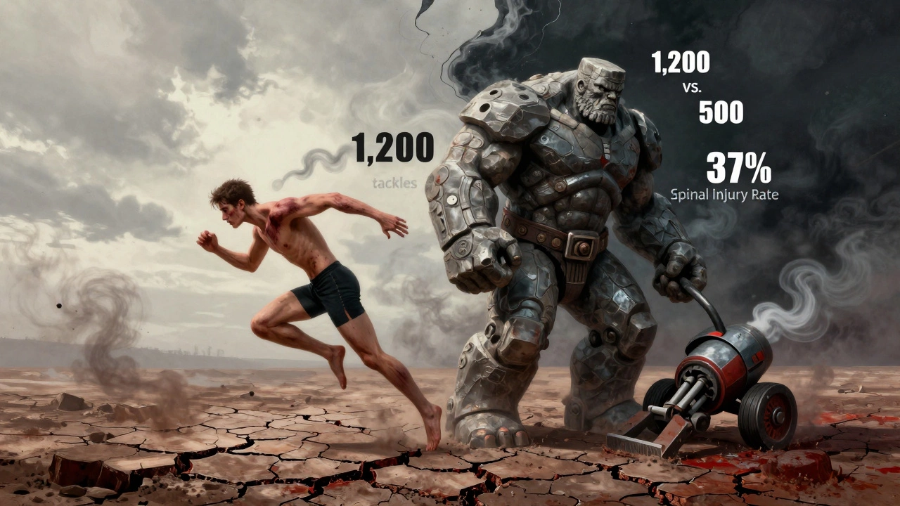 Surreal warrior comparison symbolizing rugby league and union physical demands