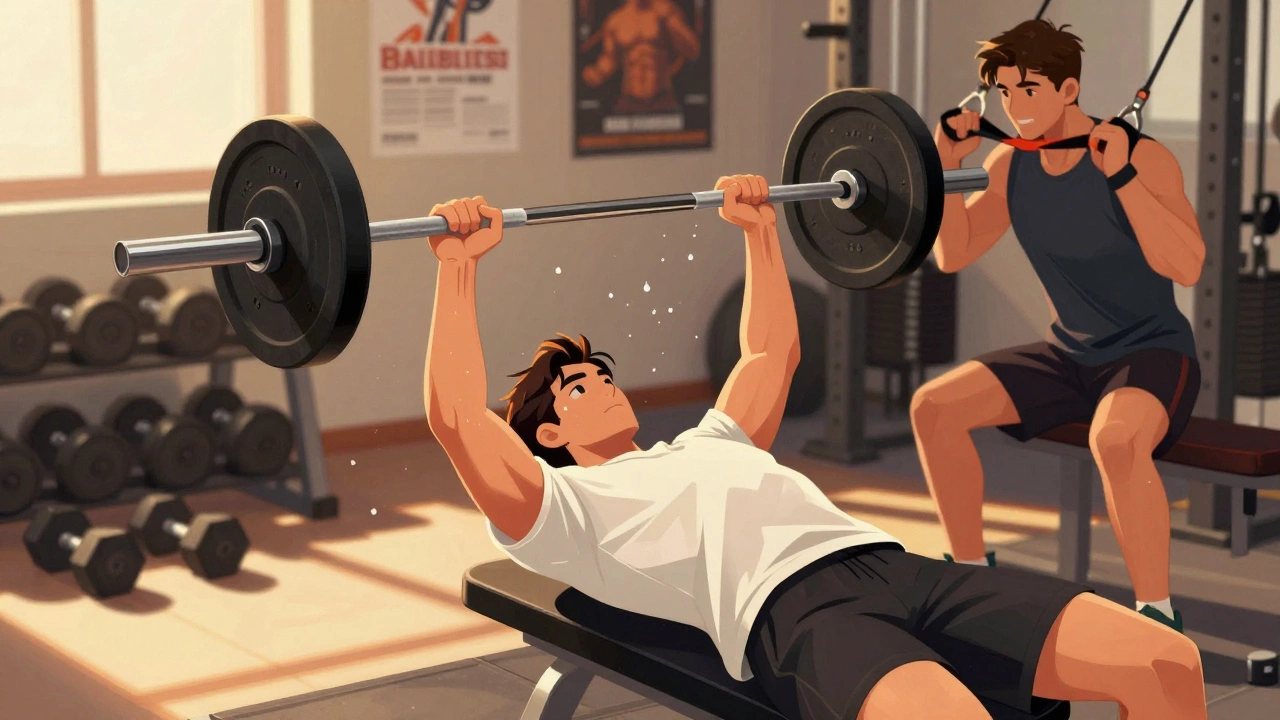 Upper body workout showing bench press and face pulls with focused technique.