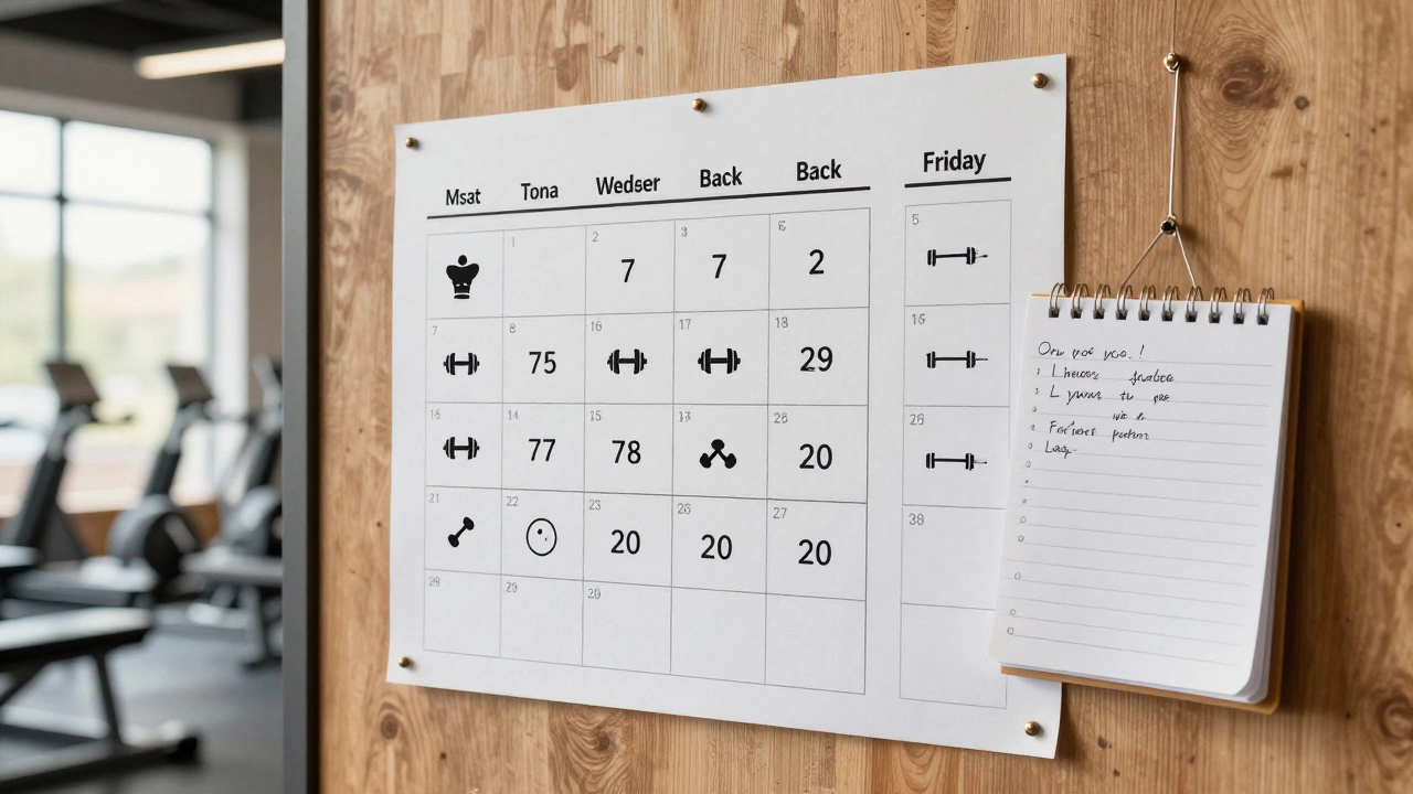 Weekly gym calendar showing 777 rule days for chest, back, and legs with recovery days marked.