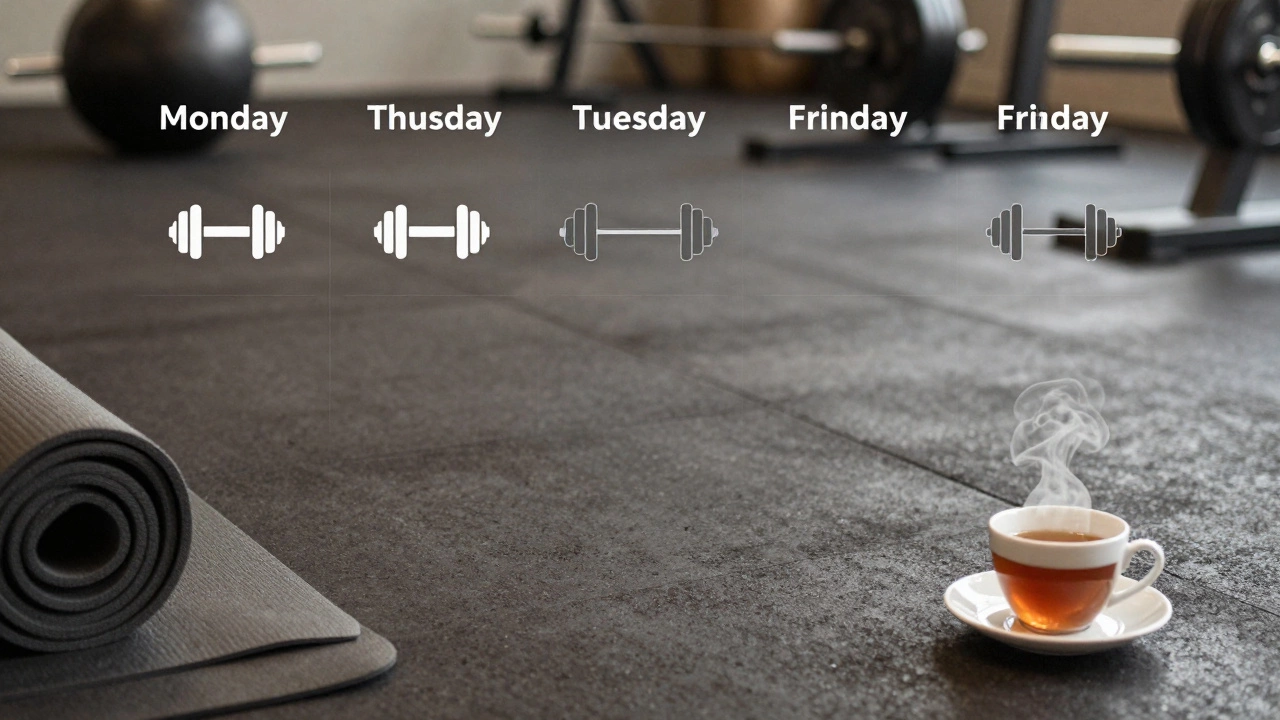 Weekly gym schedule visualized on a floor with training and rest days marked.