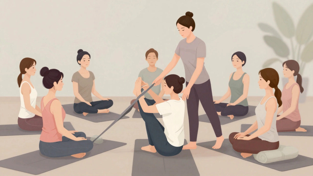 Yoga teacher gently correcting a student&#039;s pose in a small beginner class.