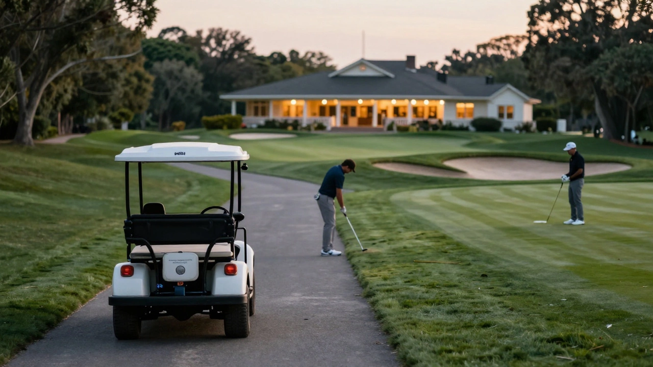 A golfer raking a bunker while another waits quietly on the tee box.