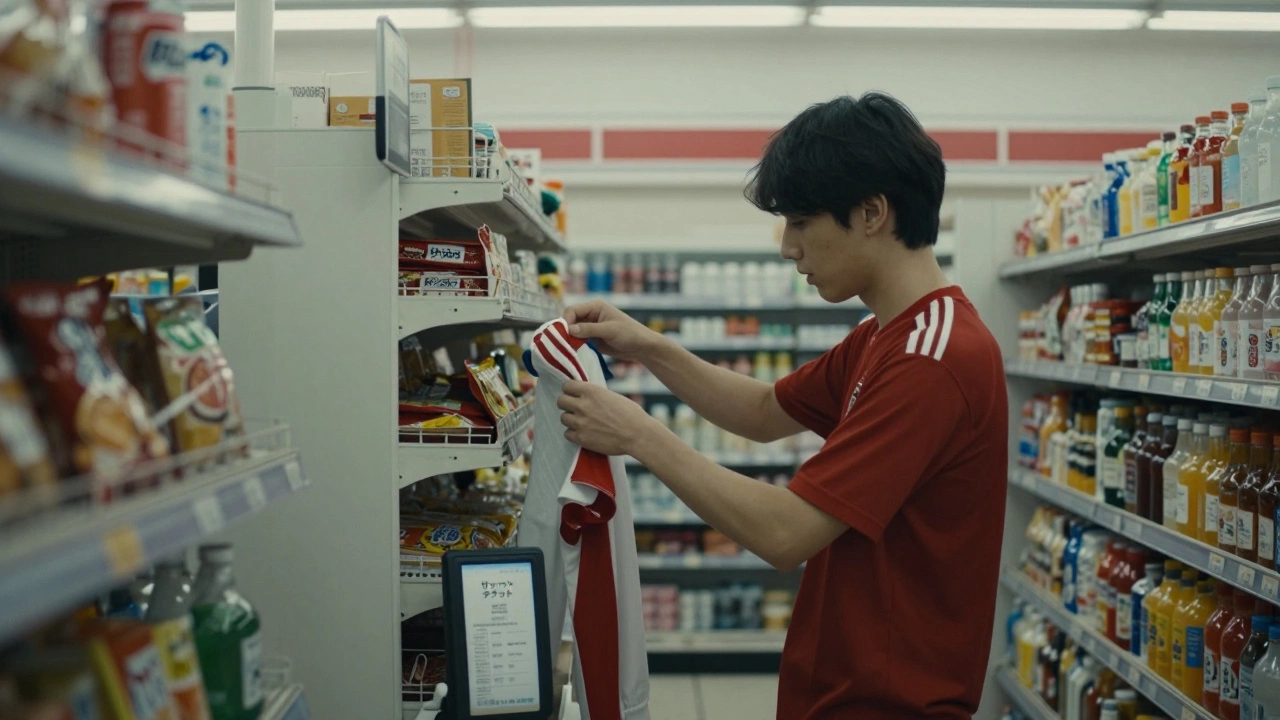 A man buying a soccer jersey in a Japanese convenience store, the tag clearly showing the word 'サッカー'.