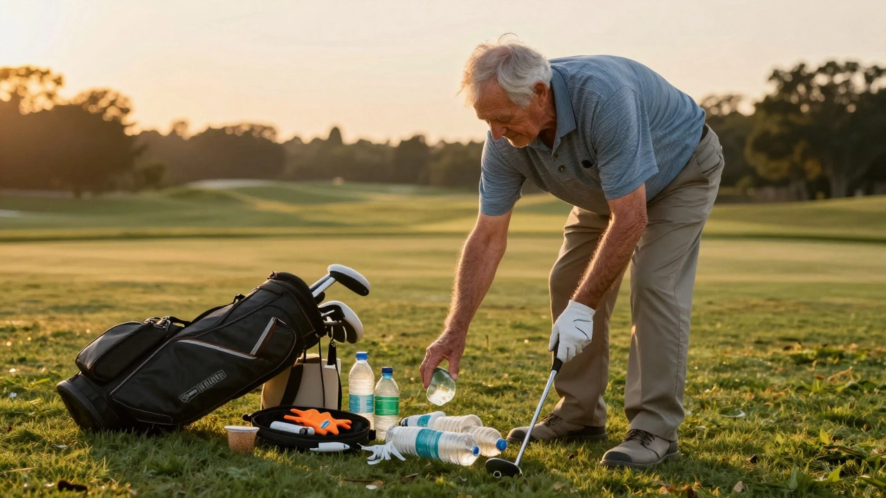 An older man picking up trash from the rough near the 18th hole.