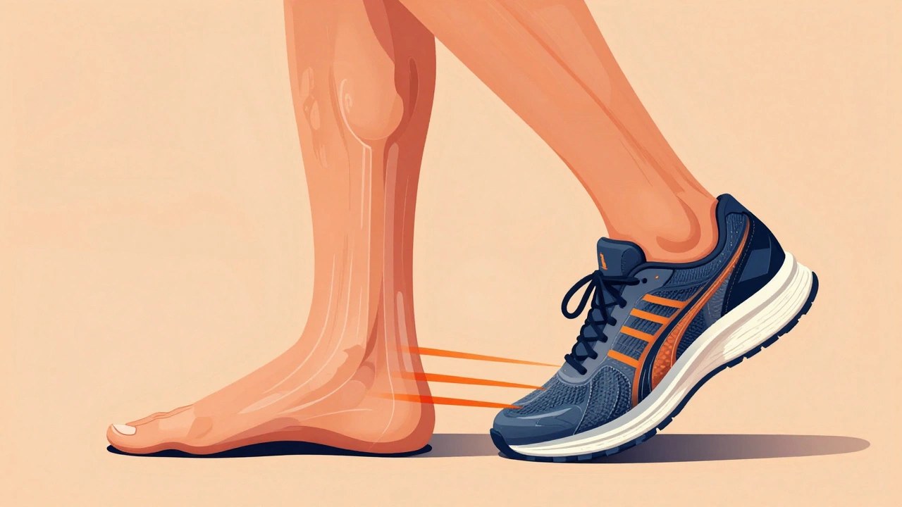Anatomical illustration showing impact forces traveling through a foot in running shoes versus flat soles.