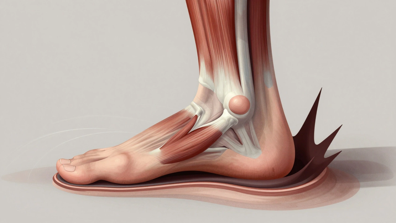 Cross-section of a foot showing natural arch and muscle action during barefoot stride.