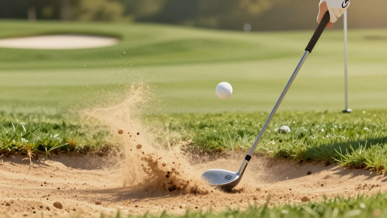 Golfer playing a high pitch shot from a bunker, sand spraying behind the club as the ball rises toward the green.