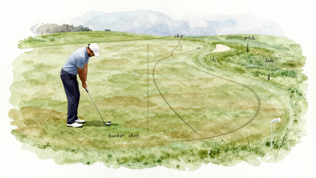 Golfer putting on a sloped green with a curved ball path showing the correct break to the hole.