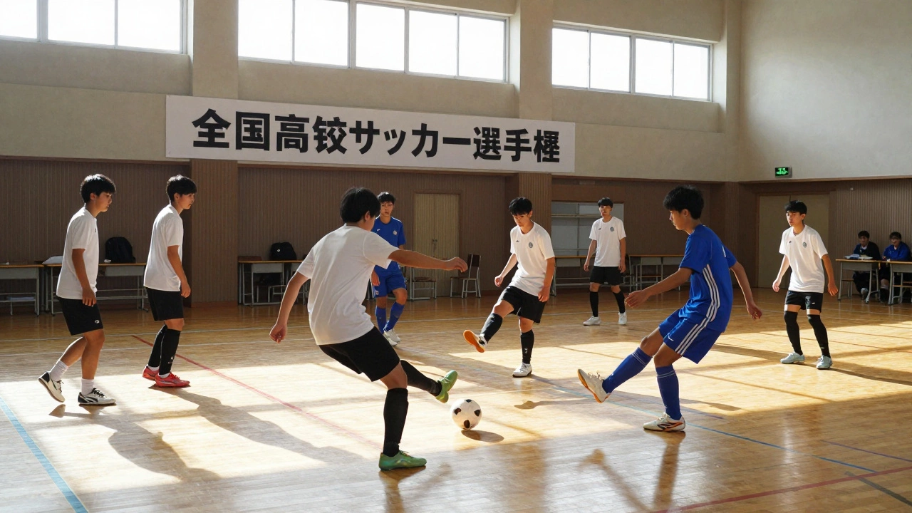 High school students playing soccer in a gym with a championship banner reading '全国高校サッカー選手権' on the wall.