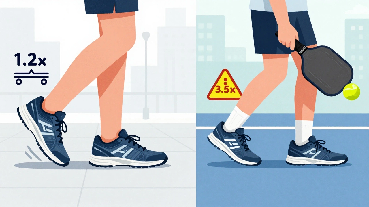 Illustrated comparison of safe walking versus risky pickleball play in running shoes with impact symbols.
