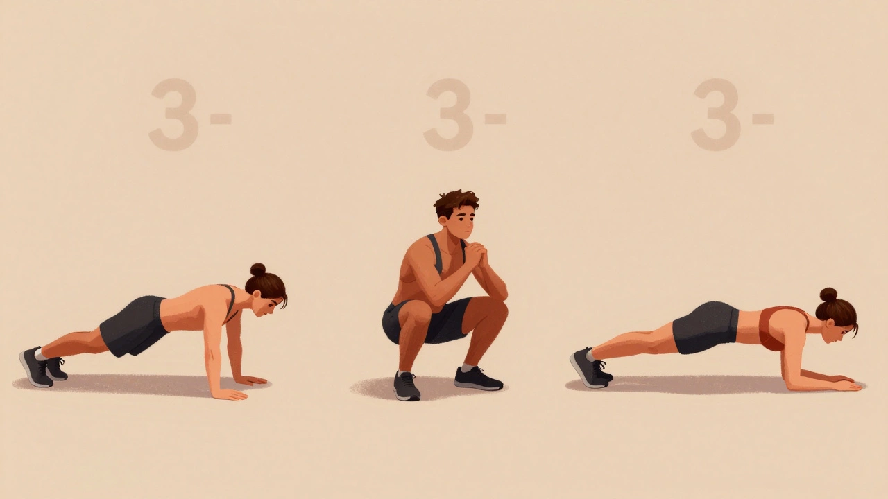 Illustrated sequence showing three bodyweight exercises in progression: push-up, squat, plank.