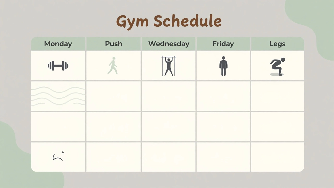 Minimalist weekly gym schedule with icons for push, pull, legs, and rest days.