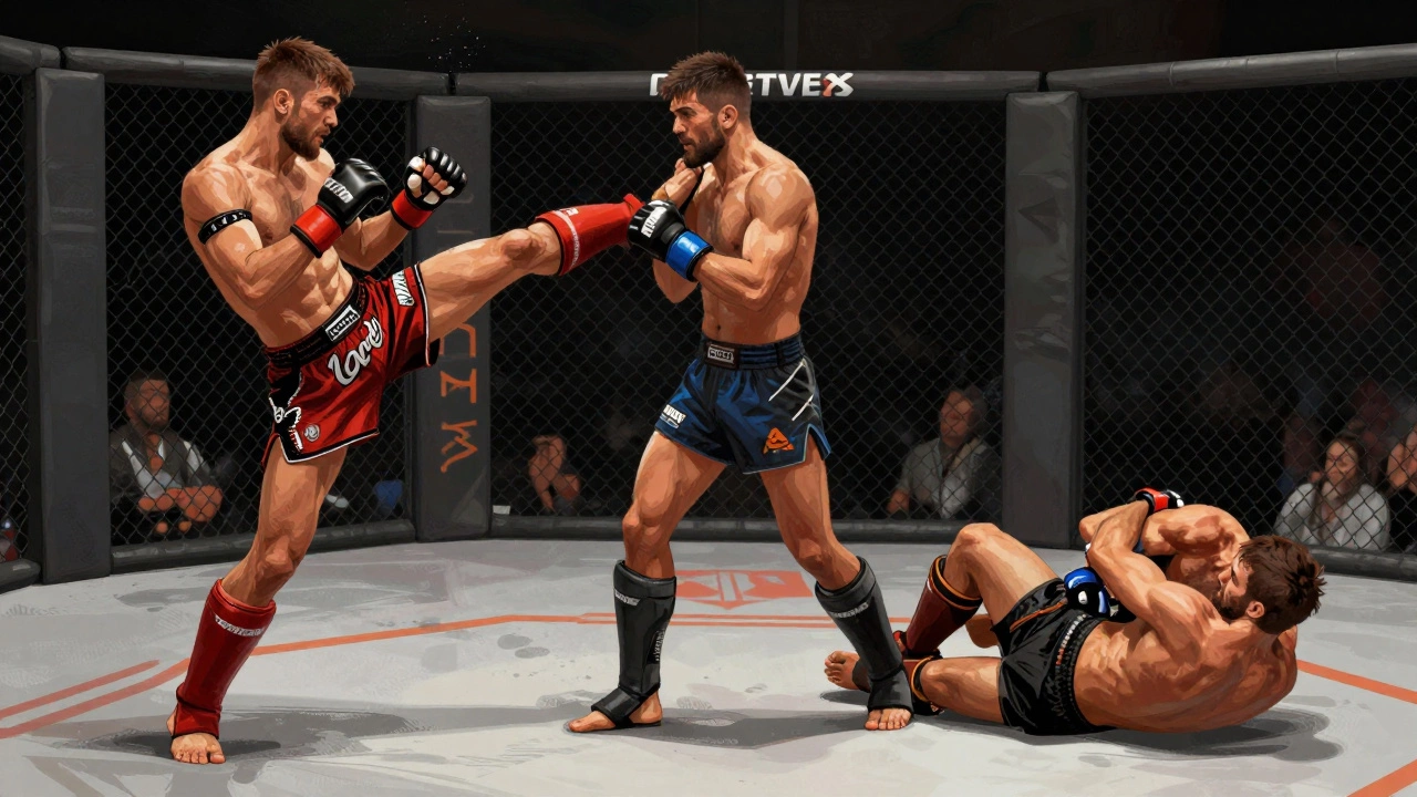 MMA fighter transitioning between striking, clinching, and grappling in a cage.