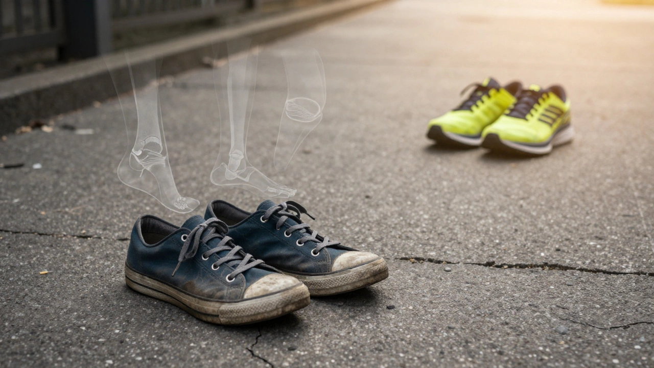 Old casual shoes on pavement with ghostly images of running injuries above them, contrasted with proper running shoes in distance.