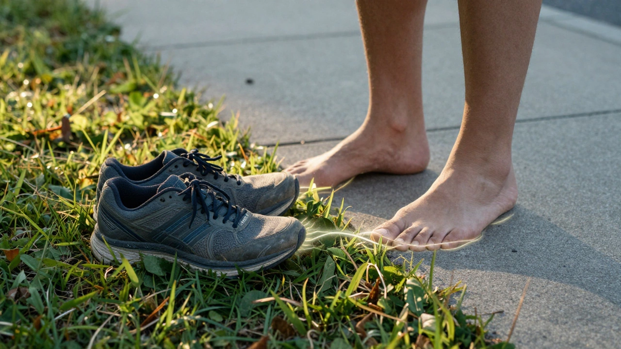Old running shoes left on sidewalk as bare feet step onto grass in morning light.