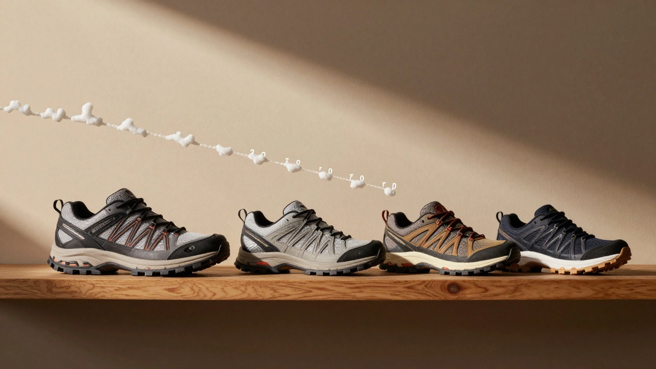 Running shoes on a shelf next to specialized footwear, with fading foam lines symbolizing wear over time.
