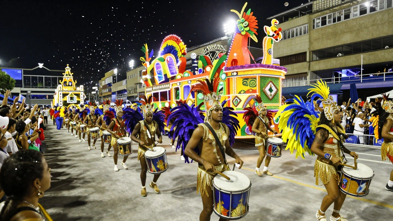 Vibrant Carnaval parade in Rio at night with dancers in colorful costumes and glowing floats.
