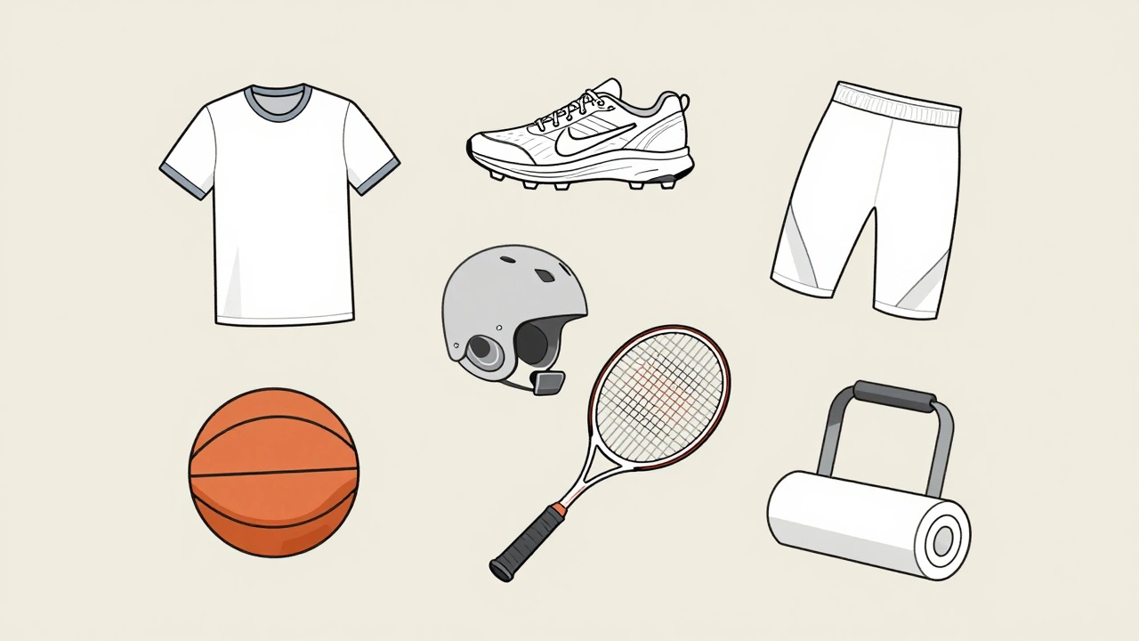 A circular diagram showing five types of sports items: apparel, footwear, protective gear, playing equipment, and training gear.
