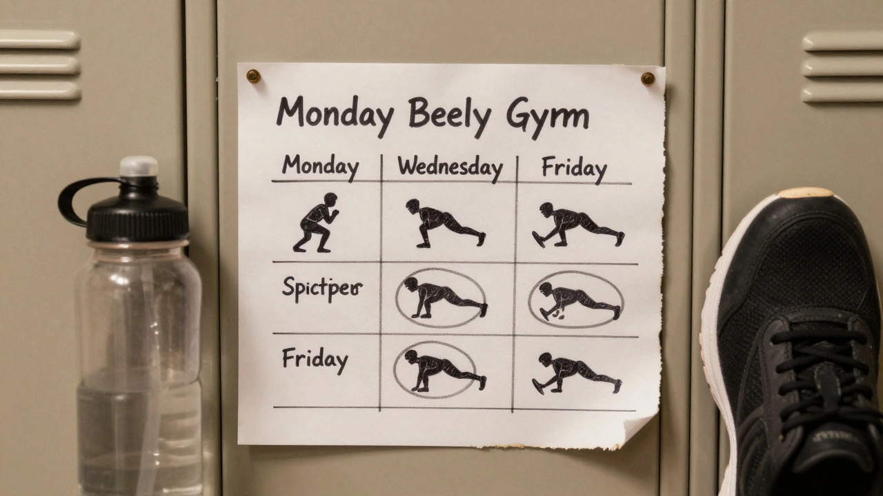 A handwritten weekly gym schedule pinned to a locker with basic exercises listed.