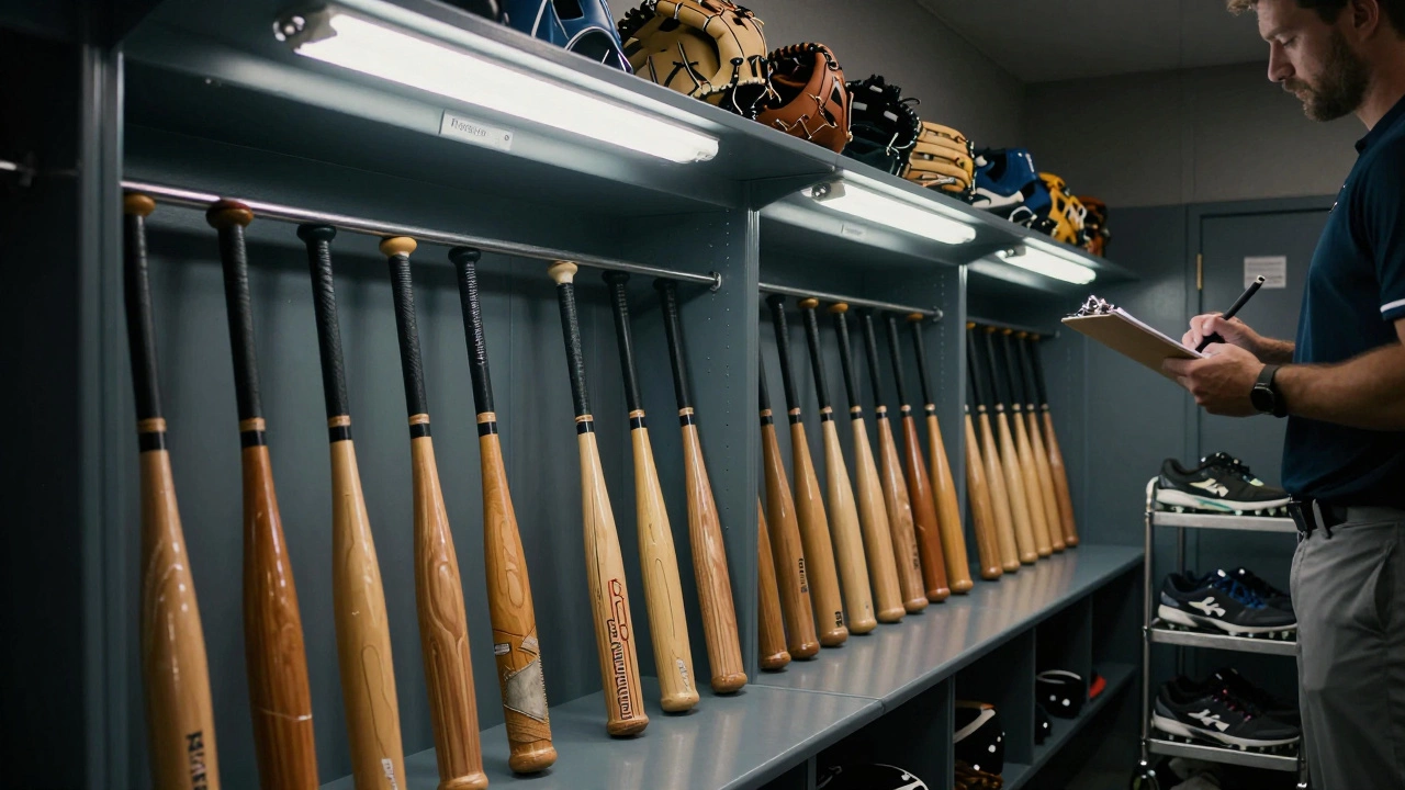 A locker room filled with identical, labeled athletic gear arranged on metal racks under harsh lighting.
