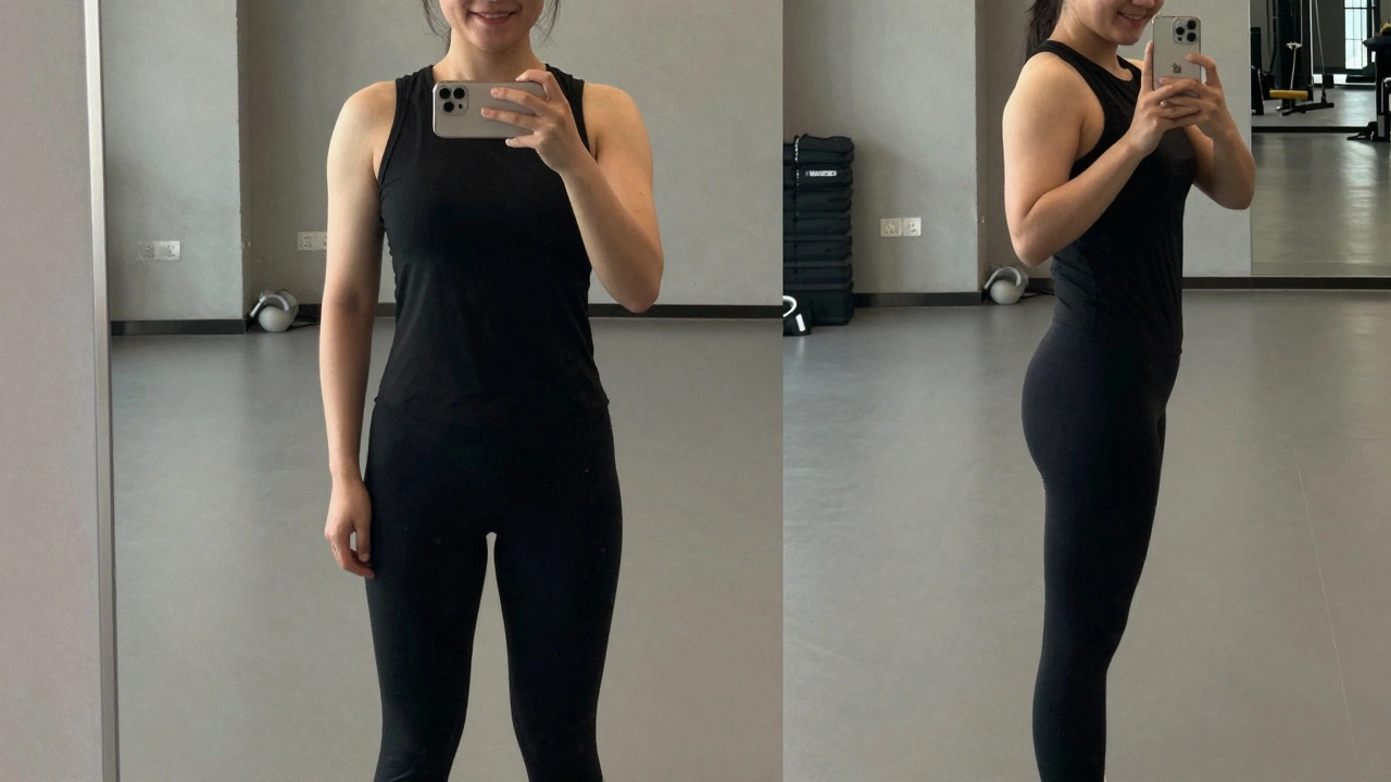 A person comparing their body progress in a mirror after four weeks of consistent training.