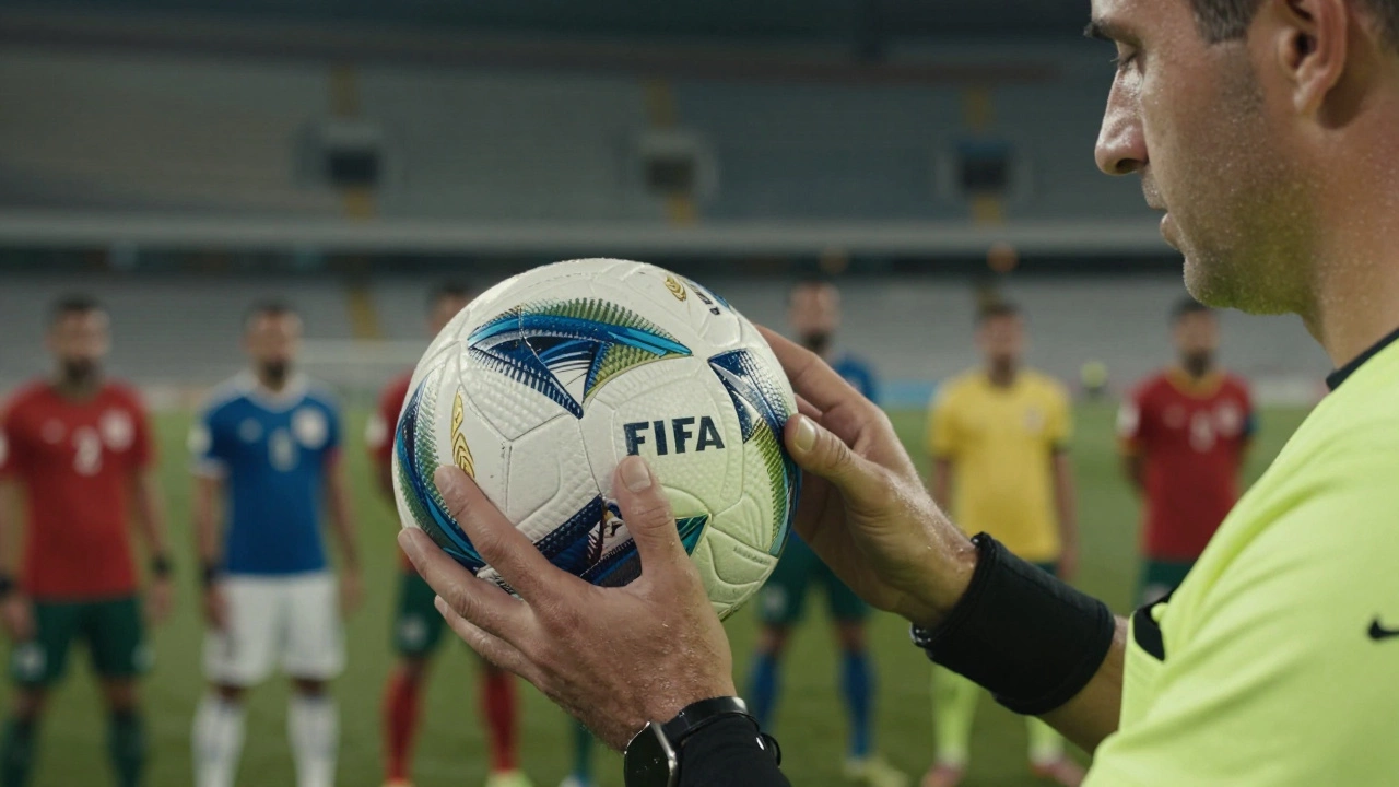 A referee inspecting a FIFA-certified match ball before an international friendly.