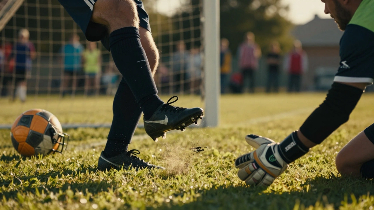 A soccer player in action with cleats, ball, and goalkeeper gloves, set in golden hour lighting.